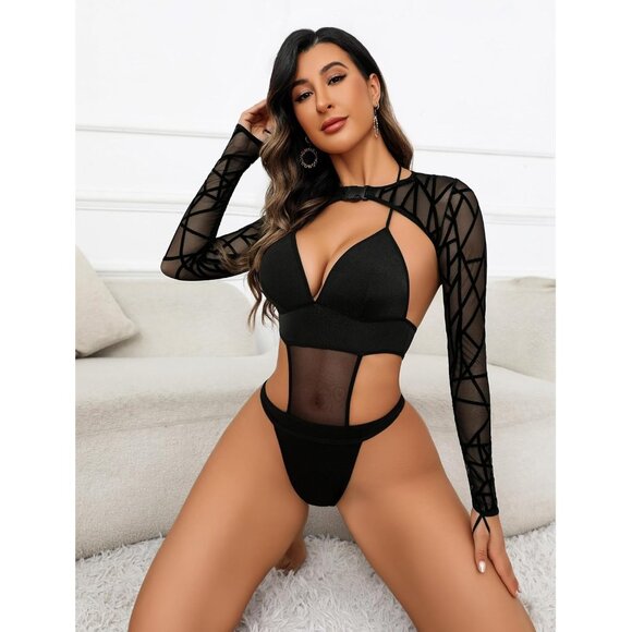 Women Black Festival Sexy Lingerie Bodysuit Buckle Shrug Crop Top Set Outfits - Picture 4 of 7